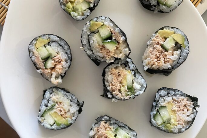Avocado, Cucumber, Tuna Sushi served with fried shallots, pickled ginger and soy sauce