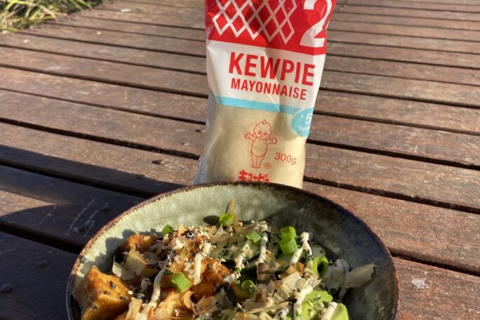 Miso glazed tofu with furikake seasoned rice, veggies, kewpie mayonnaise and bonito flakes