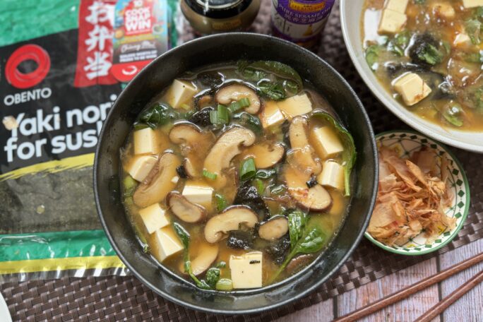 Miso Soup with Shiitake Mushrooms, Silken Tofu & Greens