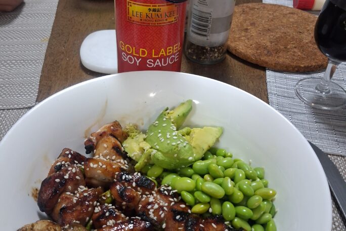 Grilled Chicken yakitori with grilled mushroom avo and edmame bean