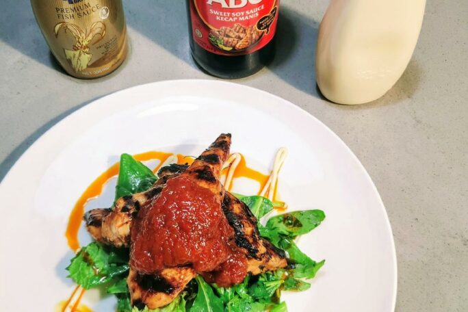 Chargrill marinated chicken breast with Thia salad, Kewpie Mayo and Chiili Jam.