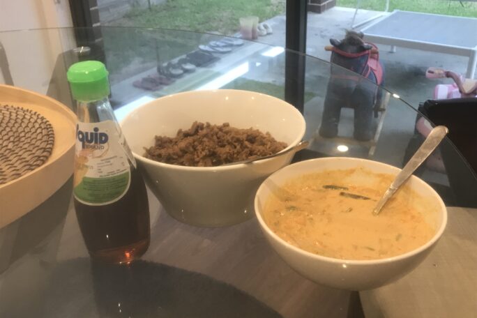 Pad kra pao and red curry vegetable