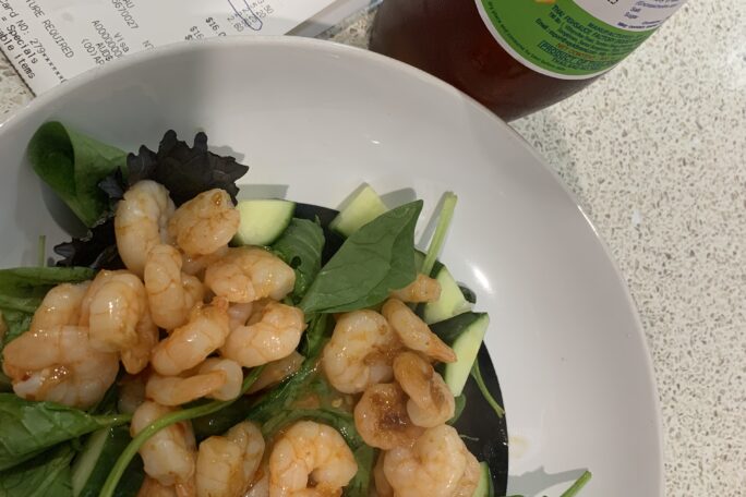 Pan fried prawns on Asian salad, Sweet chili dressing