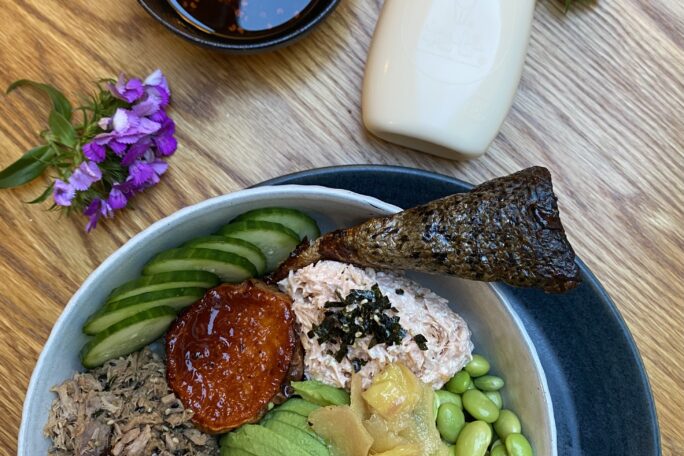 Roasted Salmon Kewpie Mayo and Tuna Teriyaki Poke Bowl
