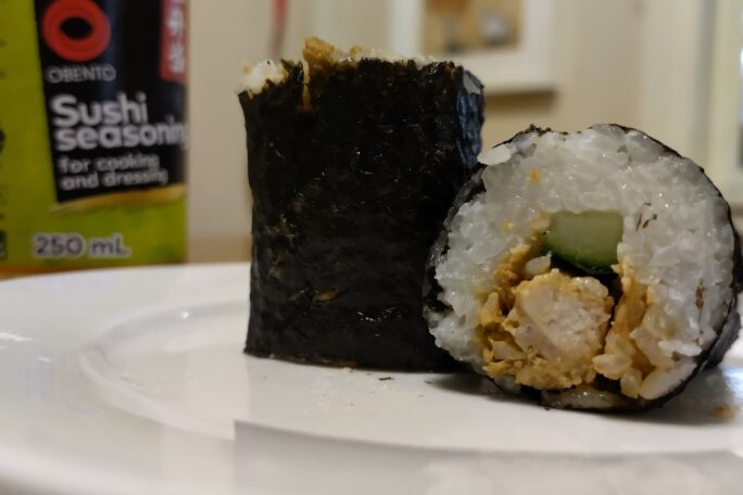 Secret special sauce chicken and cucumber sushi