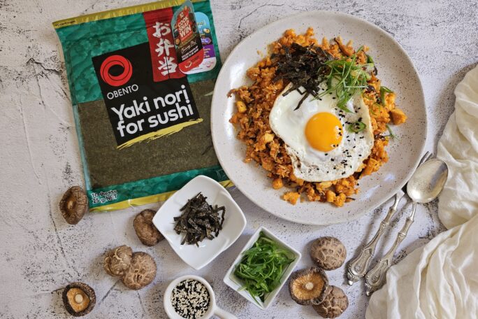 Meaty Tofu Kimchi Bokkeumbap with Flame-Toasted Nori