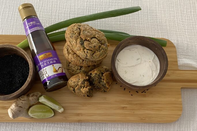 Black Sesame & Ginger Chickpea–Oat Muffins, with Sesame–Lime Greek Coconut Yoghurt
