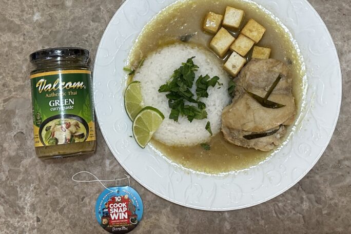 Creamy Thai Green Curry Chicken with Crispy Tofu & Kaffir Lime Coconut