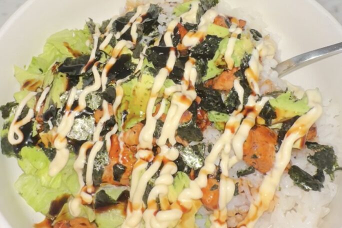 Chicken teriyaki and avocado sushi bowl
