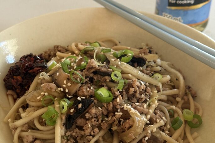 Pork and Mushroom Udon Noodles