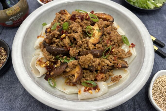 Spicy Pork With Dumpling Wrapper Noodles