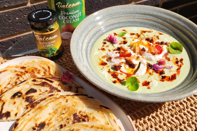 Fiery Thai Green Curry Eggs with Roti Canai