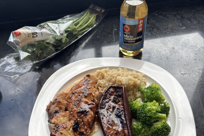 Miso glazed chicken and eggplant with brown rice and sesame broccoli