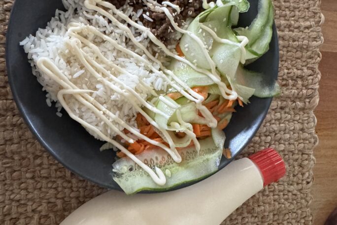 Peking Beef with rice and salad