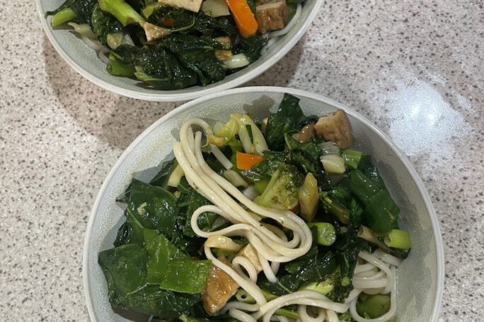 Stir fry tofu and veggies in plum sauce