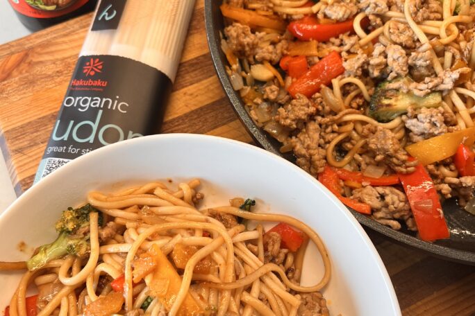 Spicy pork noodles with broccoli, pumpkin and capsicum.