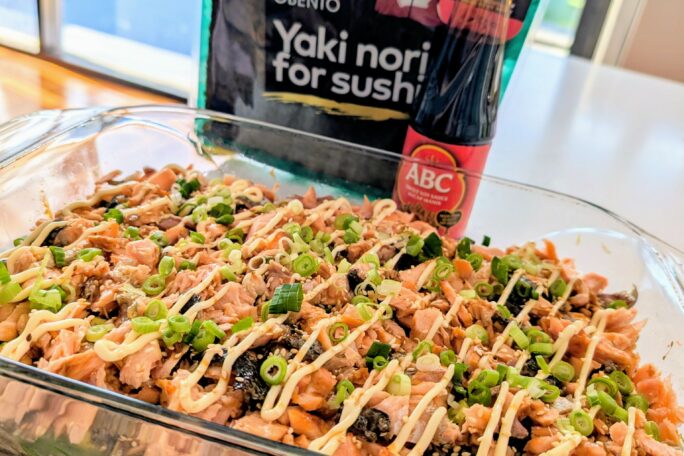 The family favourite:  delectable no fuss salmon sushi bake.