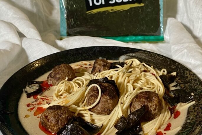 Fast Miso Coconut Noodles with Lamb Meatballs & Crispy Nori