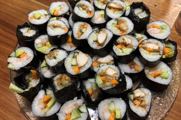 Home made sushi feast – tempura prawns, garlic butter prawns, teriyaki chicken