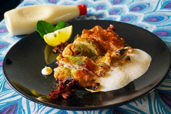 Miso-Yuzu Glazed Chicken with Sichuan-Kimchi Kewpie Foam & Dual Umami Dusts