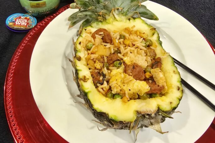 Thai Pineapple fried rice with soy sauce and Chinese sausage.