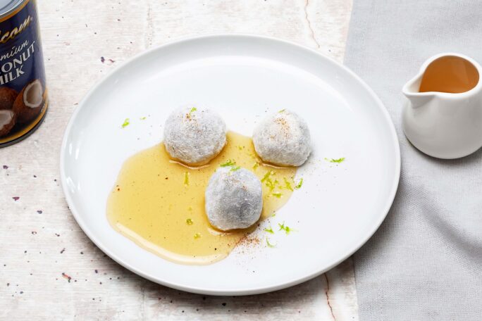Coconut and Black Sesame Mochi with Sichuan-Infused Yuzu Lime Syrup