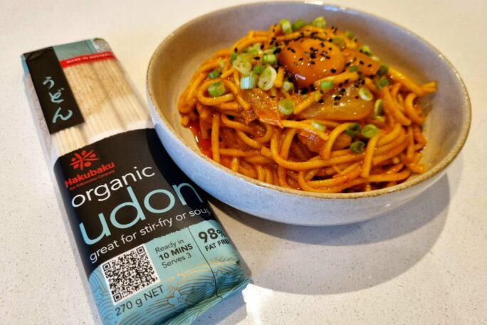 Kimchi Udon with Marinated Egg Yolk