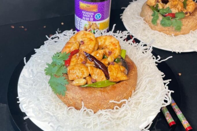 Prosperity Yam Ring with Kung Pao Prawn & Chicken