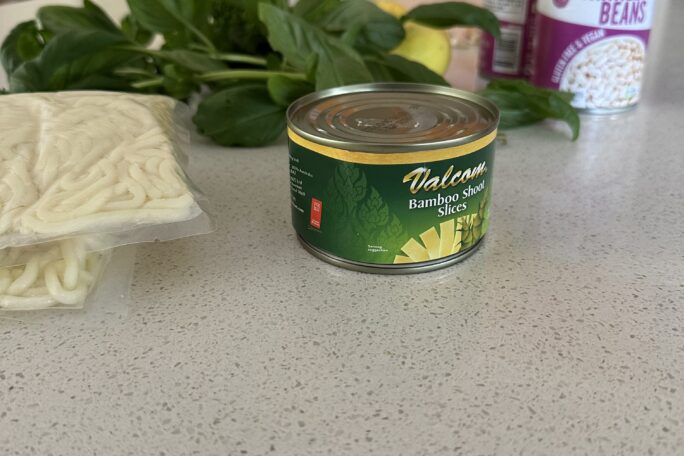 Basil, white bean, udon and bamboo shoot stir fry