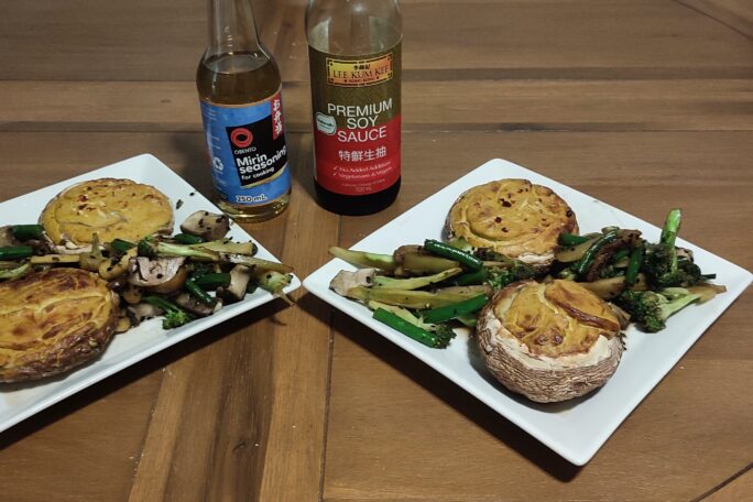 Golden Stuffed Mushrooms with Veggie Stir-Fry