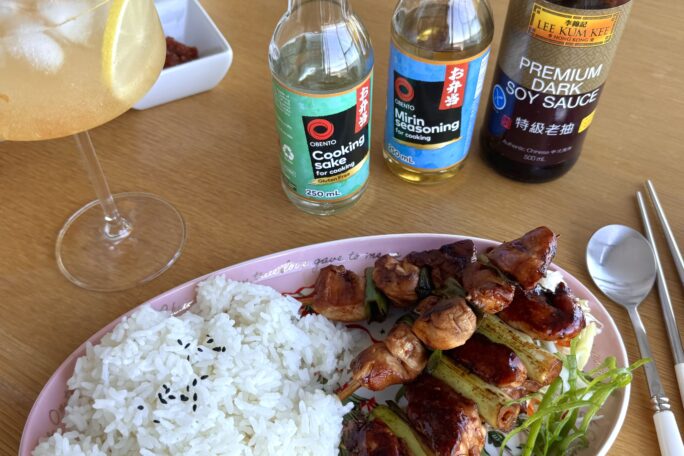 Chicken yakitori marinade with pickled lettuce and carrot