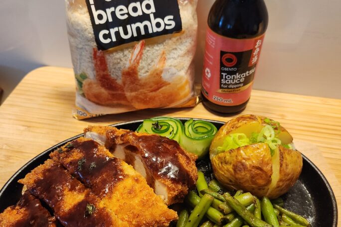 Chicken Katsu Sizzler with Miso Butter Jaga Batā, Nori Cucumber Salad, Roasted Green Beans & Miso Tonkatsu Glaze