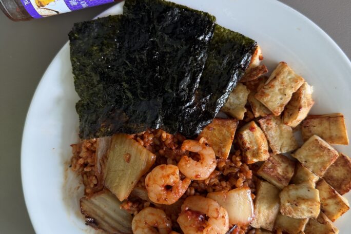 Kimchi Fried Rice with Shrimp, Tofu & Crispy Nori